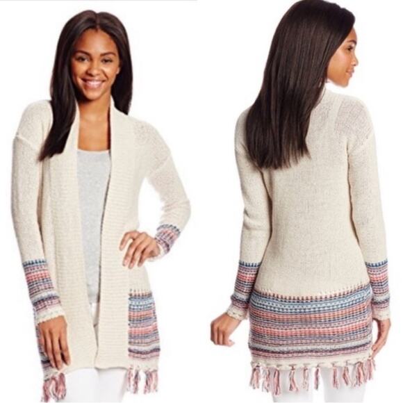Roxy | Near Future Knit Fringe Open Cardigan Sweater Boho Cream Large - Picture 1 of 9